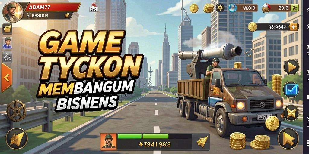 Screenshot utama ADAM77 menunjukkan gameplay Tycoon yang seru dan dinamis.