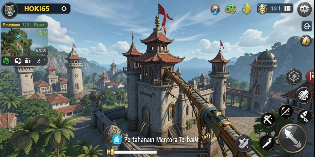 Screenshot utama HOKI65 menampilkan gameplay strategi Tower Defense yang seru.