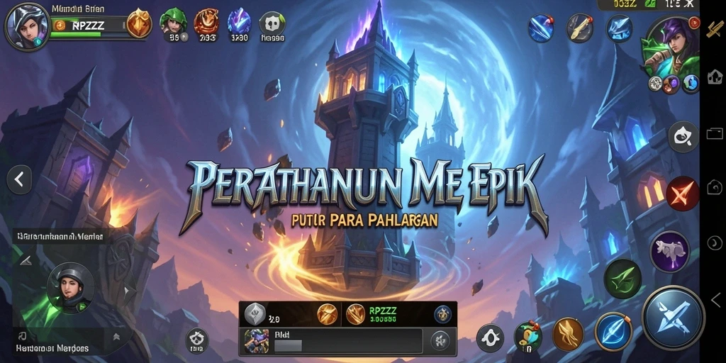 Screenshot RPZZZ menunjukkan aksi intens pertahanan menara melawan gelombang musuh.
