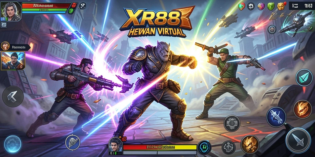 Screenshot gameplay XR88 menampilkan pertarungan mendebarkan dengan karakter unik.